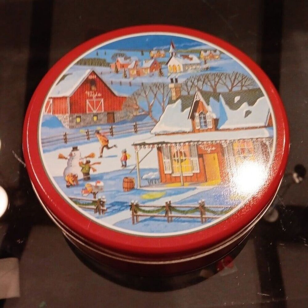 Vintage Figis Tin Xmas Holiday Village Empty Cookie Container